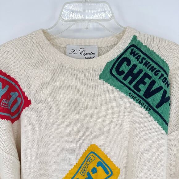 Les Copains Vintage Chevy Liscence Plate Knit Crew Neck Sweater Cream Size 50 - Picture 2 of 11